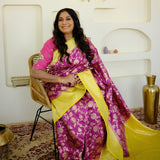 Lemon Yellow and Purple Royal Banarasi Silk Saree with Silver Zari Work on Pallu and Border