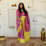 Lemon Yellow and Purple Royal Banarasi Silk Saree with Silver Zari Work on Pallu and Border