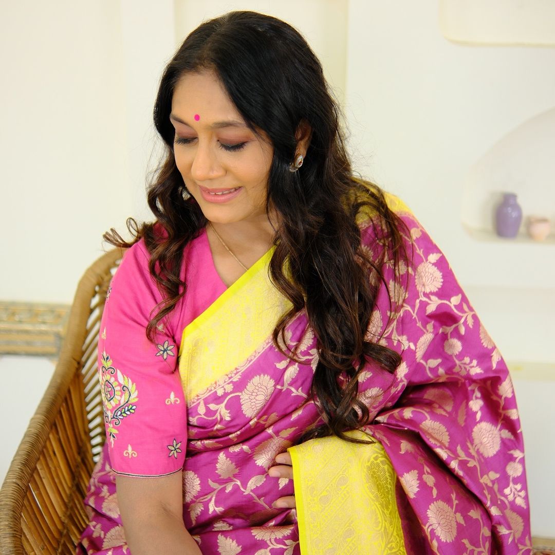 Lemon Yellow and Purple Royal Banarasi Silk Saree with Silver Zari Work on Pallu and Border